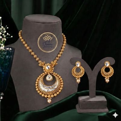 Antique Chandbali Pendant Necklace Set with Earrings in 92.5 Silver Gold Plated | Pearl Drop Traditional Jewellery – Divine Jewellery