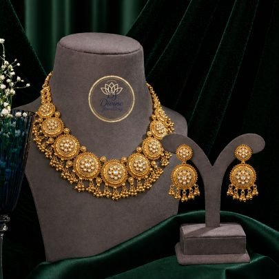 Antique Coin Choker Necklace Set with Kundan Work & Gold Bead Hangings – 92.5 Silver Gold Plated