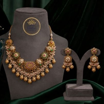 Antique Gold Bridal Necklace Set with Earrings | Traditional Ethnic Jewelry
