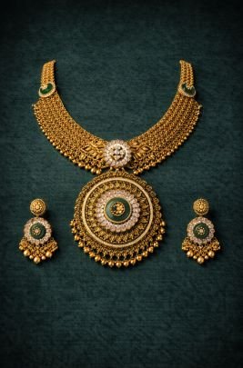 Antique Gold Choker Necklace Set with Green Kundan Pendant in 92.5 Silver Gold Plated – Divine Jewellery