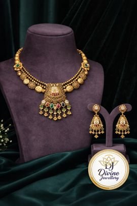 Antique Gold Kundan Necklace Set with Multicolor Drops & Pendant – 92.5 Silver Gold Plated