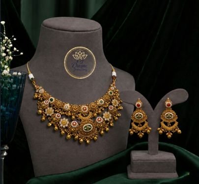 Antique Gold Layered Floral Chandbali Necklace Set with Enamel Accents | Divine Jewellery