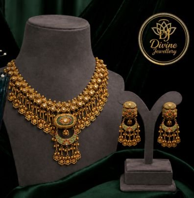 Antique Gold Plated Choker Necklace Set for Women | Traditional Temple Jewellery Set with Matching Earrings | Bridal Wedding Ethnic Jewellery
