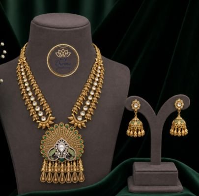 Antique Gold Plated Long Kundan Necklace Set with Green Stones & Jhumka Earrings for Women | Traditional Bridal Temple Jewellery