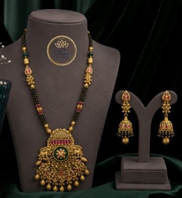 Antique Gold Plated Mangalsutra Necklace Set with Jhumka Earrings