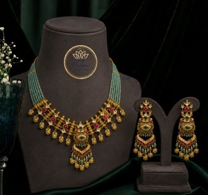Antique Gold Plated Peacock Pendant Necklace Set with Sky Blue Beads | Traditional Bridal Jewellery