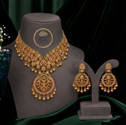 Antique Gold Plated Temple Choker Necklace Set with Matching Earrings, Traditional Bridal Jewelry Set for Women, Ethnic Wedding Party Wear Necklace wi