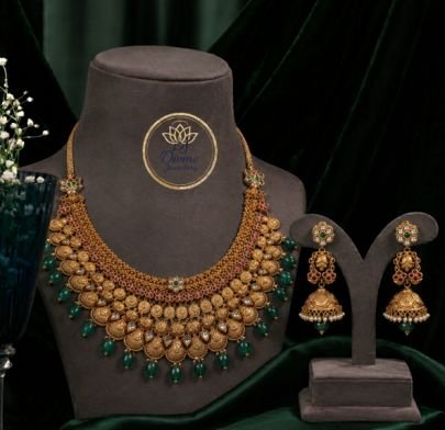 Antique Gold Plated Temple Necklace Set with Green Beads | Traditional Bridal Jewellery Set for Women