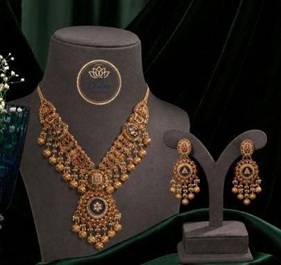 Antique Gold Plated Temple Necklace Set for Women with Matching Earrings | Traditional Ethnic Bridal Jewelry | Statement Pendant Necklace Set