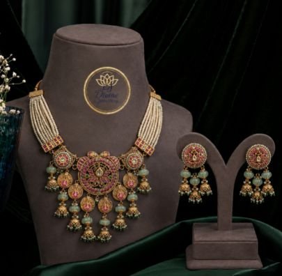 Antique Gold Plated Temple Necklace Set with Jhumka Earrings
