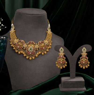 Antique Gold Plated Temple Necklace Set with Earrings for Women