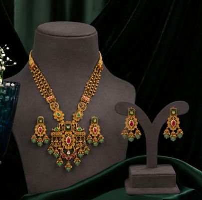 Antique Gold-Plated Traditional Temple Necklace Set with Green & Ruby Stones and Matching Jhumka Earrings