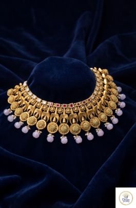 Antique Gold Statement Choker Necklace with Pink Bead Drops | 92.5 Silver Gold Plated Temple Jewellery | Divine Jewellery