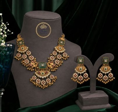 Antique Gold Temple Long Necklace Set with Green Carved Stones & Jhumki Beads | Divine Jewellery