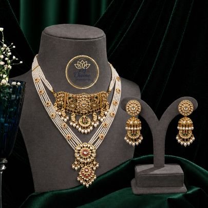 Antique Kundan 2-Layer Pearl Necklace Set with Dual Pendants & Jhumka Earrings – 92.5 Silver Gold Plated