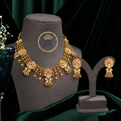 Antique Kundan Multi-Layer Necklace Set with Hanging Drops & Earrings – 92.5 Silver Gold Plated