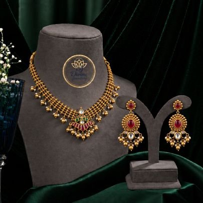 Antique Kundan Necklace Set with Pearl Drops & Ruby Stone Earrings – 92.5 Silver Gold Plated
