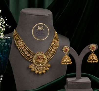 Antique Matte Gold Multi-Strand Bead Necklace Set with Jhumka Earrings | Divine Jewellery