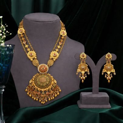 Antique Meenakari Pendant Necklace Set with Hanging Drops – 92.5 Silver Gold Plated Traditional Jewellery | Divine Jewellery