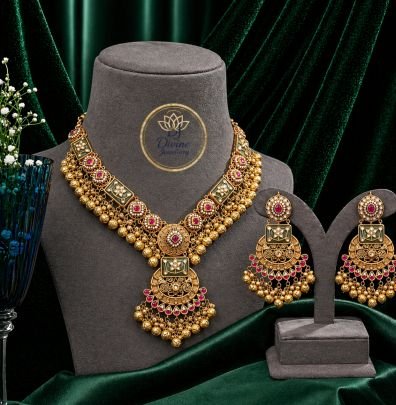 Antique Statement Necklace Set with Temple Pendant & Pink Stone Detailing – 92.5 Silver Gold Plated