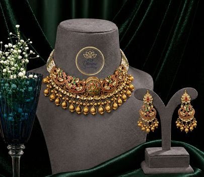 Antique Temple Choker Necklace Set with Meenakari Work & Hanging Beads – 92.5 Silver Gold Plated Bridal Jewellery