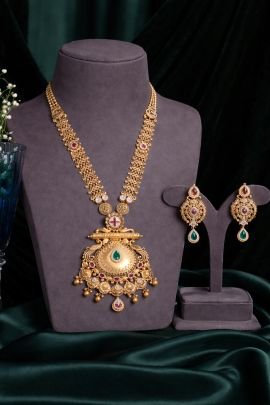 Antique Temple Long Necklace with Coin Detailing & Ruby-Green Accents – 92.5 Silver Gold Plated