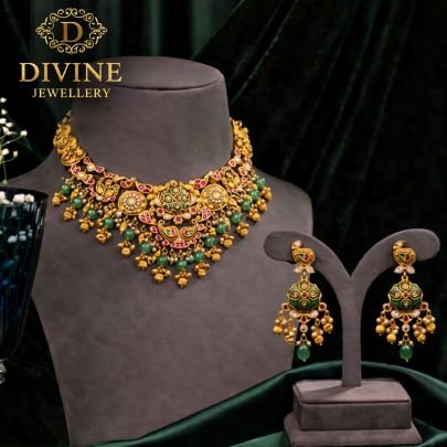 Antique Temple Necklace Set with Peacock Motifs, Green Bead Drops & Meenakari Work | 92.5 Silver Gold Plated Bridal Jewellery by Divine Jewellery