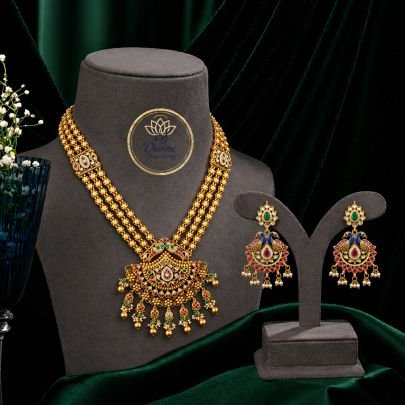 Antique Temple Peacock Design Necklace Set with Multi-Layer Chains & Statement Earrings – 92.5 Silver Gold Plated