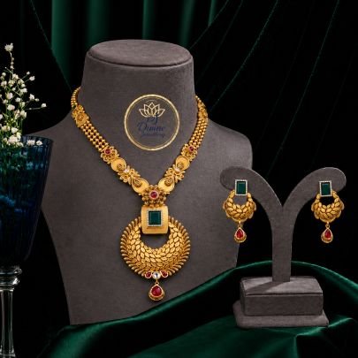 Antique Temple Pendant Necklace Set with Earrings in 92.5 Silver Gold Plated | Green Stone Traditional Bridal Jewellery – Divine Jewellery