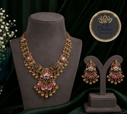 Antique Traditional Necklace Set with Pink Stones & Matching Earrings for Women | Divine Jewellery