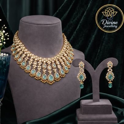 Aqua Drop Kundan Necklace Set with Layered Pear Design & Matching Earrings – 92.5 Silver Gold Plated