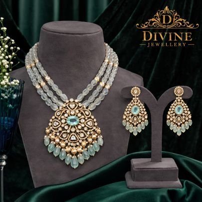 Aqua Stone Layered Necklace Set with Statement Pendant | 92.5 Silver Gold Plated Jewellery by Divine Jewellery