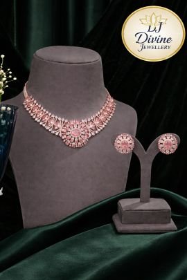 Blush Pink Crystal Floral Necklace Set with Matching Stud Earrings – 92.5 Silver Rose Gold Plated Jewellery