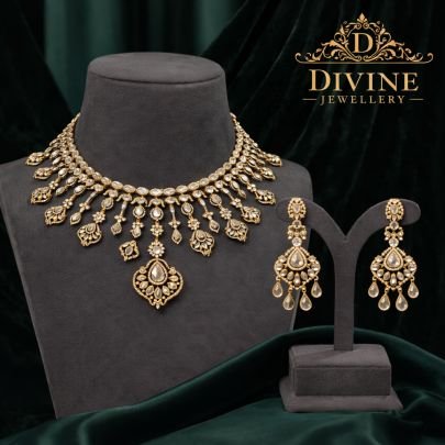 Classic Polki Choker Necklace Set with Cascading Drops | 92.5 Silver Gold Plated Jewellery by Divine Jewellery