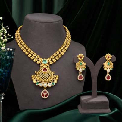 Classic Temple Necklace Set with Lattice Pendant – 92.5 Silver Gold Plated Traditional Jewellery | Divine Jewellery