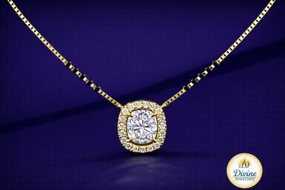 DIVINE 92.5 Sterling Silver Cushion Cut Mangalsutra – 14K Gold Plated Soft-Square Halo Pendant