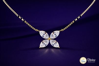 DIVINE 92.5 Sterling Silver Marquise Clover Mangalsutra – 14K Gold Plated Four-Leaf Floral Pendant