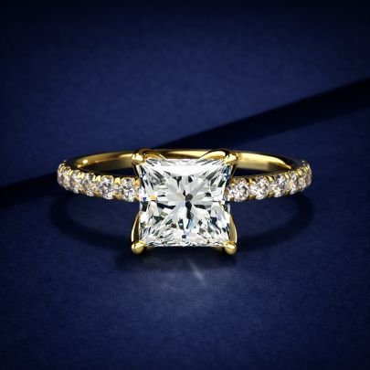 DIVINE 92.5 Sterling Silver Princess Cut Solitaire Ring – 14K Gold Plated Pave Band