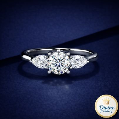 DIVINE 92.5 Sterling Silver Three-Stone Ring – Round Brilliant and Pear Cut Platinum Plated