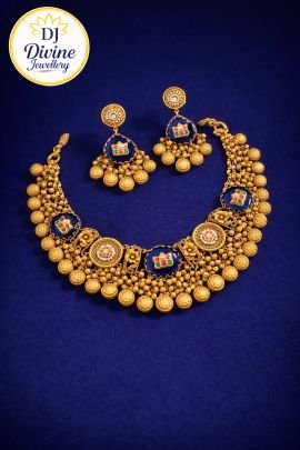 DIVINE Antique Gold Coin Temple Necklace Set with Blue Meenakari & Matching Earrings – Traditional Bridal Jewellery