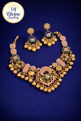 DIVINE Antique Gold Temple Necklace Set with Green & Pink Meenakari Motifs and Coin Danglers – Traditional Bridal Jewellery