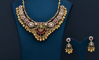 DIVINE Antique Temple Coin Necklace Set with Lakshmi Motif, Ruby-Meena Work & Heavy Gold Bead Danglers – Traditional Bridal Jewelry with Matching Earr