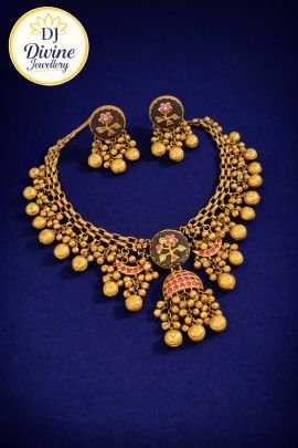 DIVINE Antique Temple Style Gold-Tone Necklace Set with Pink Meenakari, Coin Charms & Jhumka Earrings – Traditional Bridal Jewellery