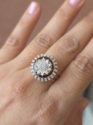 DIVINE Black Enamel Floral Halo Ring with Brilliant CZ Stones – Luxury Rose Gold Finish Statement Ring for Women