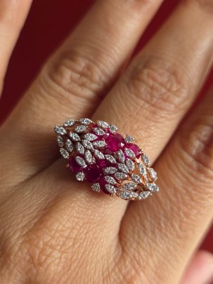 DIVINE “Crimson Ivy” Luxury Statement Ring – Ruby Bloom Leaf-Set Crystal Ring in Rose Gold Finish