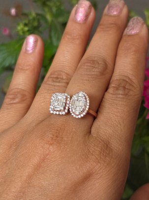 DIVINE Dual Halo Twin-Cut Ring with Emerald & Oval Baguette Clusters – Luxury Rose Gold Statement Ring for Women