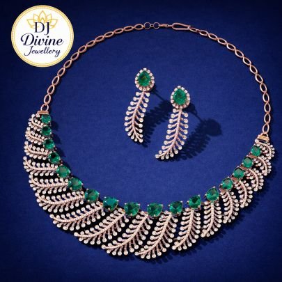 DIVINE Emerald Leaf Symphony Necklace Set – Rose Gold Finish
