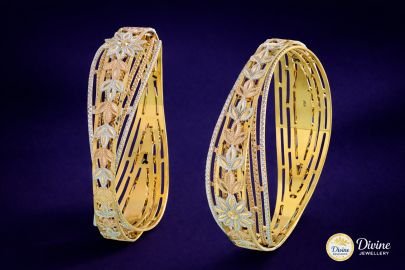 DIVINE Floral Filigree Trinitas Kada Set – Tri-Tone Gold, Rose Gold & Silver Lace Fusion Bangles
