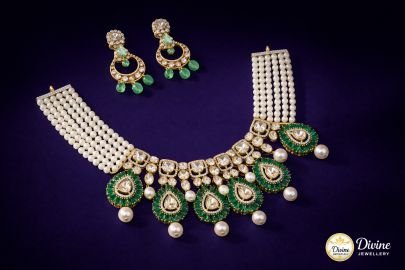 DIVINE Heritage Polki Choker Set – Multi-Strand Pearl & Emerald Green Drop Necklace with Matching Earrings