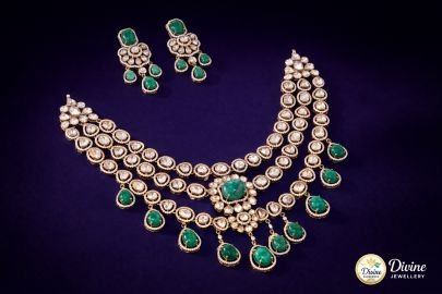 DIVINE Heritage Polki Choker Set – Multi-Strand Pearl & Emerald Green Drop Necklace with Matching Earrings